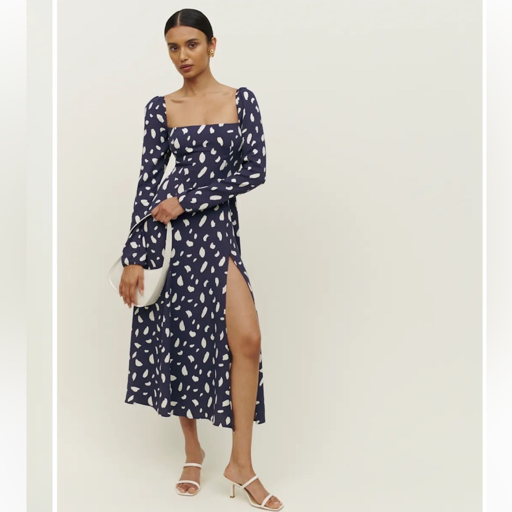Reformation The Sigmund Navy and White Patterned Long Sleeve Dress